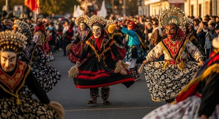 Vibrant Masked Dancers in Elaborate Costumes at a Cultural Festival Parade