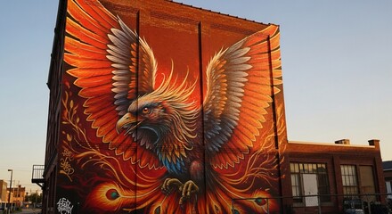 Vibrant Phoenix Mural on Brick Building, Urban Art Scene