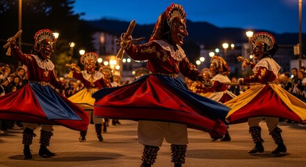 Vibrant Masked Dancers in Traditional Garb, Twirling in a Festive Night Celebration