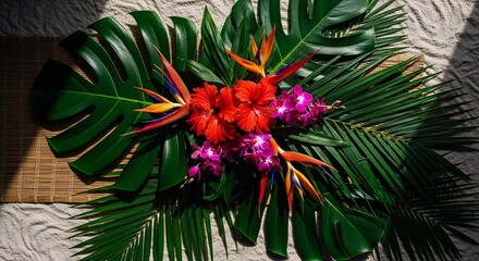 Vibrant Tropical Floral Arrangement: Hibiscus, Orchids, Bird of Paradise on Monstera Leaves