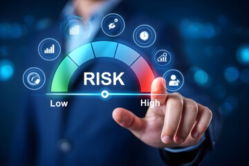 Risk assessment and management performance indicator gauge. Risk level gauge from low to high, performance evaluation, analysis, strategic planning, and decision-making process for business continuity