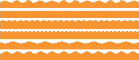 Scalloped edge seamless set. borders and dividers. Simple scalloped border. Repeat cute vintage frill ornament. Texture ribbons. Vector illustration isolated on white background.