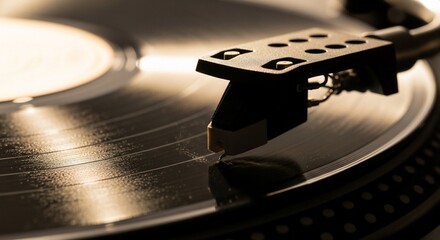 Vinyl Record Player Needle in Action, Warm Lighting, Nostalgic Music Experience
