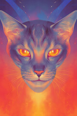 Colorful digital artwork of a cat with striking orange eyes against a vivid background