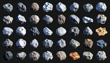 Asteroid collection on dark background