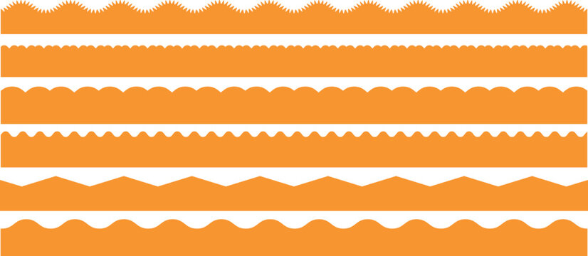 Scalloped edge seamless set. borders and dividers. Simple scalloped border. Repeat cute vintage frill ornament. Texture ribbons. Vector illustration isolated on white background.