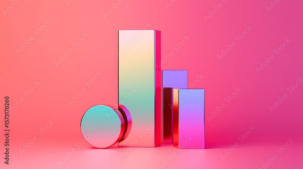 Poster a colorful, reflective 3d bar chart with a circle and rectangular bars on a pink gradient background