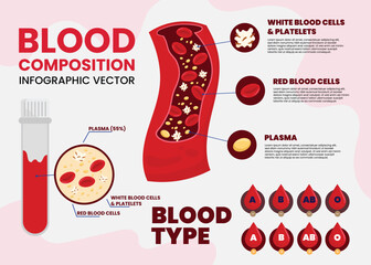 Red blood cells infographic. hemoglobin, human body anatomy. Medicine hematology infographic with info titles, realistic microscopic blood cells flow in vessel of cardiac system bloodstream