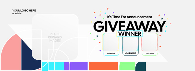 Giveaway winner announcement design with colorful geometric ornaments. Giveaway winner announcement with three winners. Horizontal wide banner, suitable for big mega sale, web and business themes