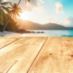 Empty copy space on wooden surface for product placement or mockups. Blurred  sunny blue sky, sea...