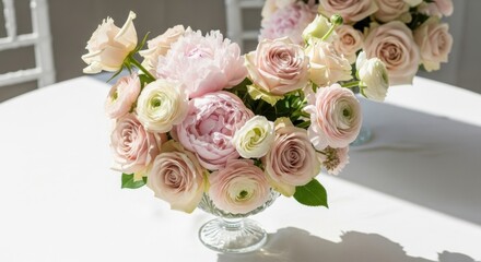 Obraz premium Soft and romantic pastel flower arrangement with roses and peonies