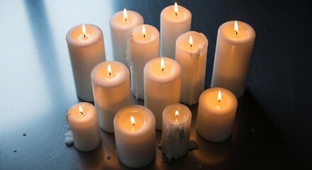 Warm Candlelight: Group of Lit White Candles on Reflective Surface, Moody Lighting