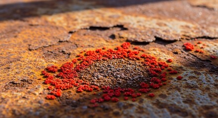 Vivid Red Clusters on Textured Rust Surface, Macro Detail, Industrial Decay