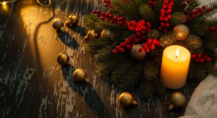 Warm Christmas Glow: Candlelight, Ornaments, and Festive Greenery on Rustic Wood