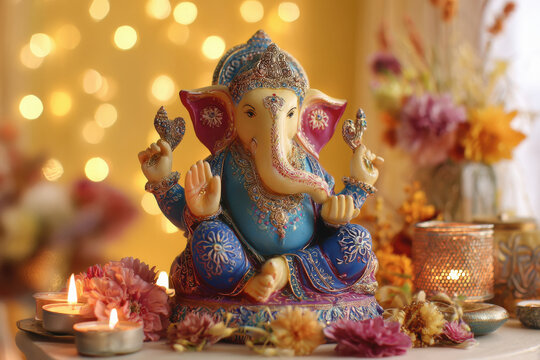 Lord ganesha sculpture with flower decoration