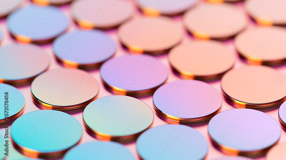 Poster a close-up image of smooth, round discs with a reflective, iridescent surface in pastel colors arran