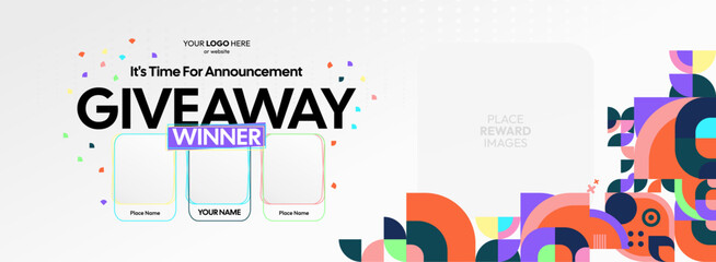 Giveaway winner announcement design with colorful geometric ornaments. Giveaway winner announcement with three winners. Horizontal wide banner, suitable for big mega sale, web and business themes