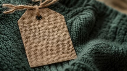 Blank Beige Tag on Dark Green Knit Fabric Displaying Unique Textures and Visual Appeal for Creative Projects