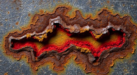 Vivid Rust Formation: A Macro View of Oxidized Metal Texture with Red and Yellow Deposits