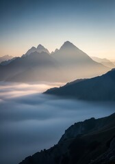 Serenity of Misty Peaks - Peaceful mountain landscape, sunrise mist, ethereal beauty, tranquil scene, nature's serenity