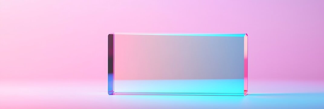 A transparent rectangular glass block reflecting soft pink and blue light against a pastel pink background.