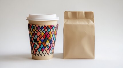 Colorful Geometric Design Coffee Cup Sleeve and Takeaway Bag for Stylish Beverage Presentation