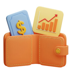 3D open wallet with cash and a rising financial growth chart icon Isolated on transparent background, png