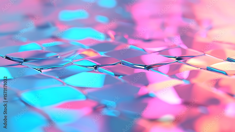Poster shimmering abstract surface with polygonal facets reflecting vibrant blue and pink neon lights, crea