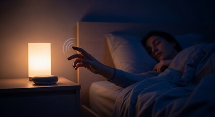 Woman Reaching for Smart Speaker Beside Bedside Lamp in Dark Bedroom at Night