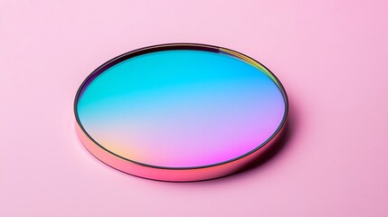 Fototapeta premium A circular optical filter with a gradient blue to pink tint on a pink background, reflecting light with iridescent hues.