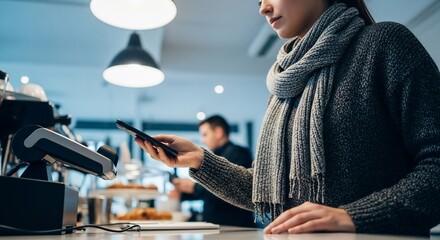 Woman Making Contactless Payment with Smartphone at Coffee Shop Counter