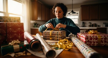 Woman Tying Gold Ribbon on Gift in Warm Kitchen Light