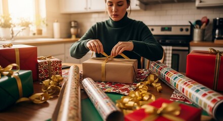 Woman Tying Ribbon on Christmas Gift in Cozy Kitchen Setting