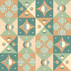 abstract elements like stars, moons, and floral motifs arranged in a quilt-like grid