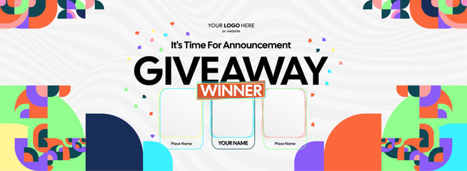 Giveaway winner announcement design with colorful geometric ornaments. Giveaway winner announcement with three winners. Horizontal wide banner, suitable for big mega sale, web and business themes