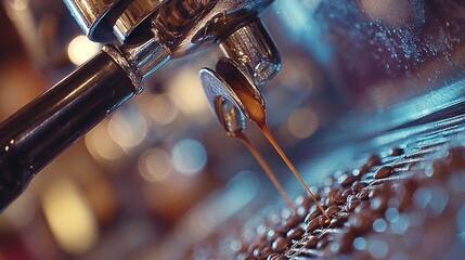 Espresso machine pouring coffee over beans