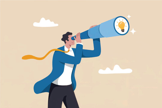 Businessman holding a telescope with a glowing light bulb symbolizing a new idea or vision for the future isolated on transparent background
