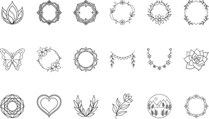 Outline floral frames butterfly heart nature elements for decorative borders leaves