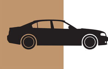 Black sedan car silhouette against two tone brown and white background