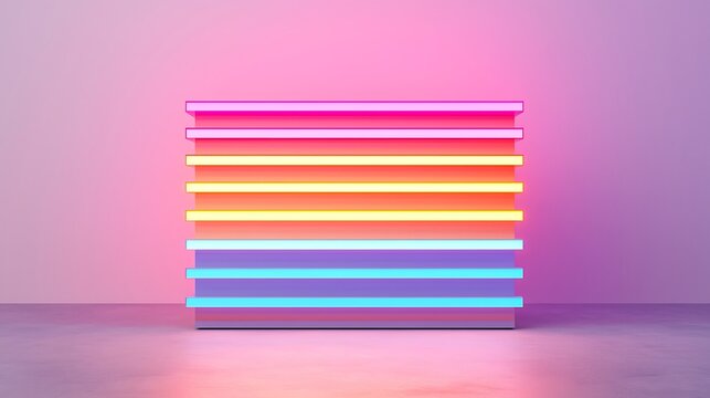 A vibrant, minimalistic neon light installation with horizontal bars in gradient rainbow colors against a pink wall and floor.