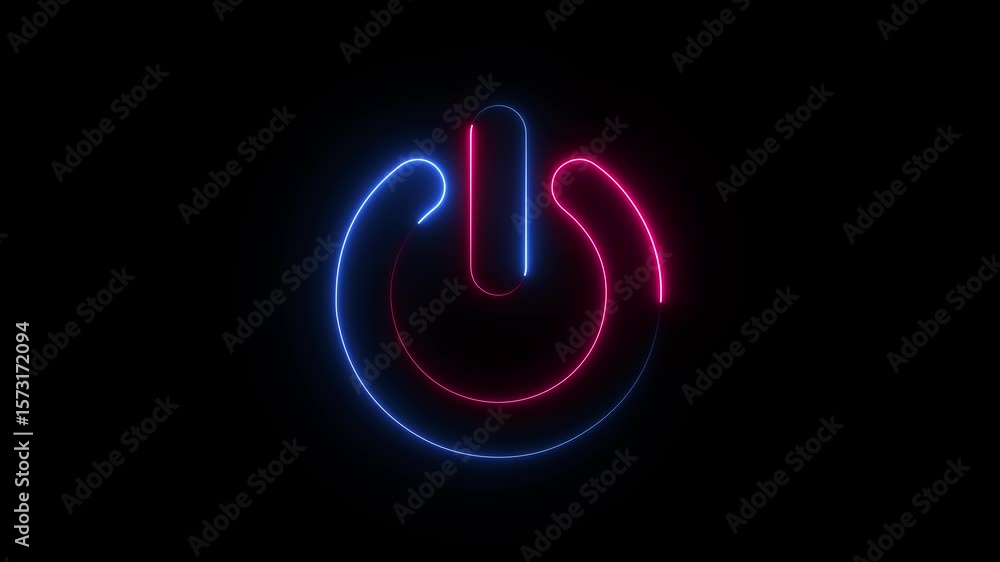 Poster neon power button icon animation on black background. startup shutdown screen turn on off button mot