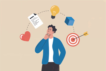 Thoughtful businessman juggling important life elements like career goals personal aspirations and creative ideas isolated on transparent background