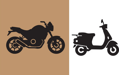 Silhouette illustration of a motorcycle and a scooter on contrasting backgrounds