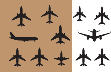 Set of vector airplane silhouettes showcasing various aircraft views for design purposes