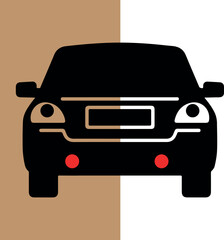 A simplified black car illustration with brown and white background color blocks