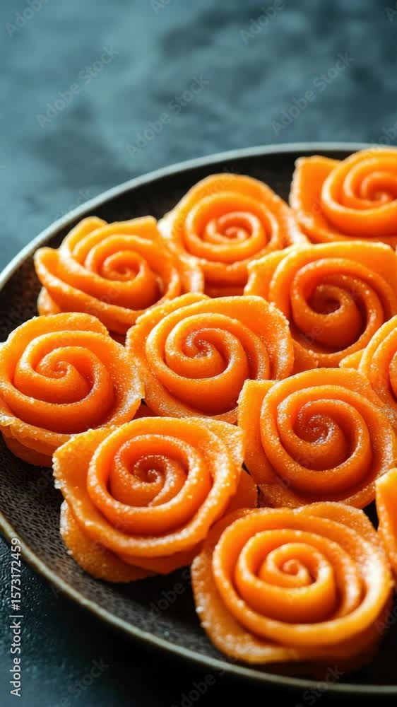 Aufkleber a plate filled with a variety of orange roses is placed on a black plate. the roses are arranged in 