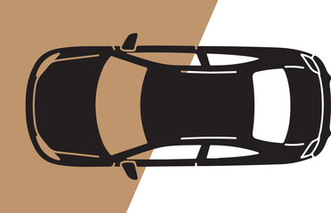 Top down view of a black car in a minimalist style on tan and white background.