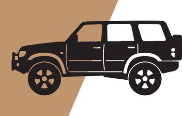 Black and white vector illustration of an suv side view on a brown and white background