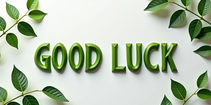 Card or banner with green lettering good luck, with green branches and leaves. Motivational message for important events, exams, job interview, finals. Phrases and words for support
