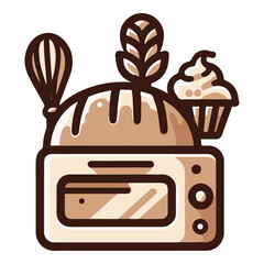 Illustration of a kitchen scene featuring a mixer, bread, and a cupcake, symbolizing baking